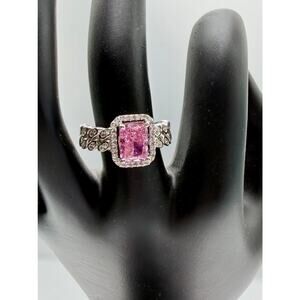 Sterling Silver Pink Gemstone Ring • Leaf Band • Radiant Cut Stone • Size 8.5